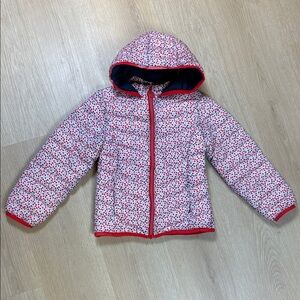 Okaïdi Heart Printed Hooded Puffer Jacket - Red and White Navy Lining Girl’s 8Y